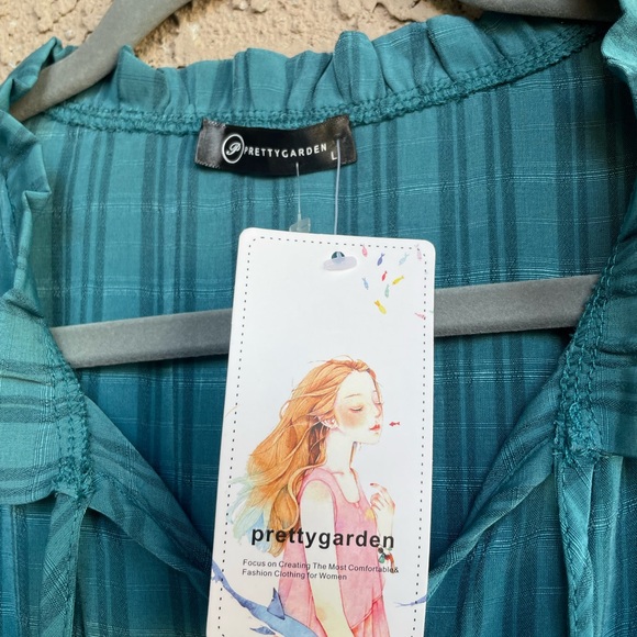 PRETTY GARDEN NWT Teal Green Subtle Striped Ruffle Flutter Sleeve Maxi Dress L - Picture 6 of 9